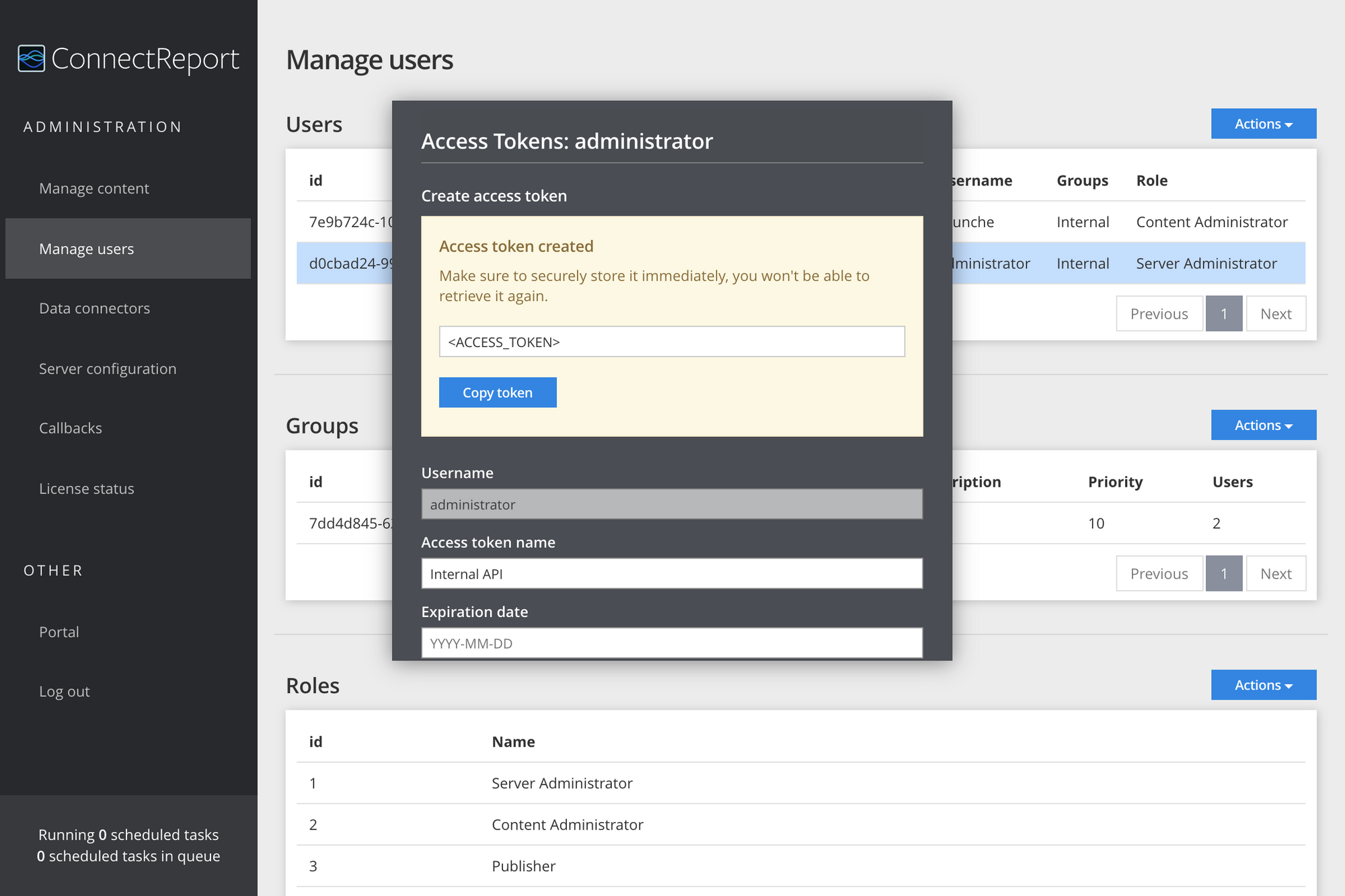 Manage Access Tokens ConnectReport Support